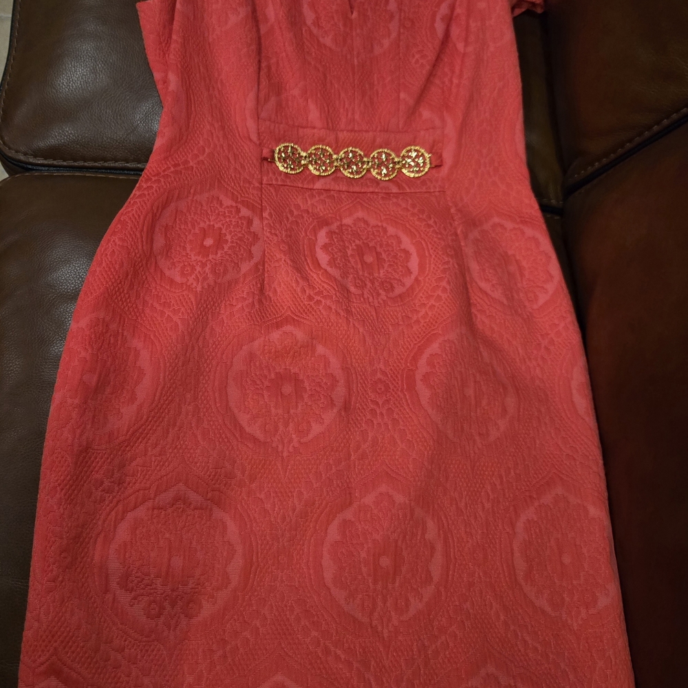 Kay Unger Red Midi Dress with Gold Detail